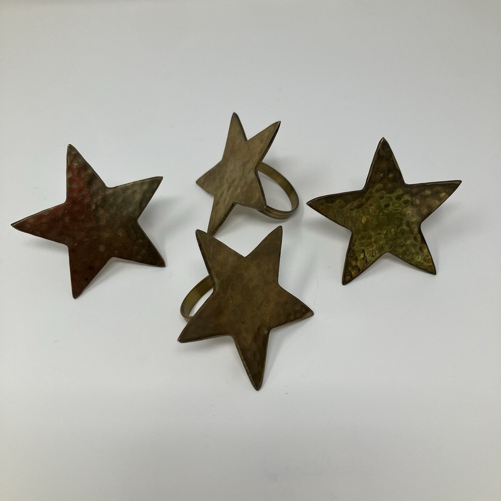 Vintage Hammered Brass Star Napkin Rings Set of 4 Celestial Holiday Decor 3"